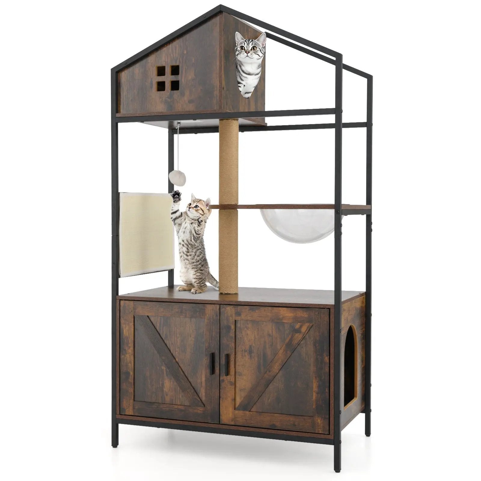 Cat Tree with Litter Box Enclosure Industrial Cat Tower Multi-level Cat Condo Furniture for Indoor Cats-Rustic Brown by DirectDeals