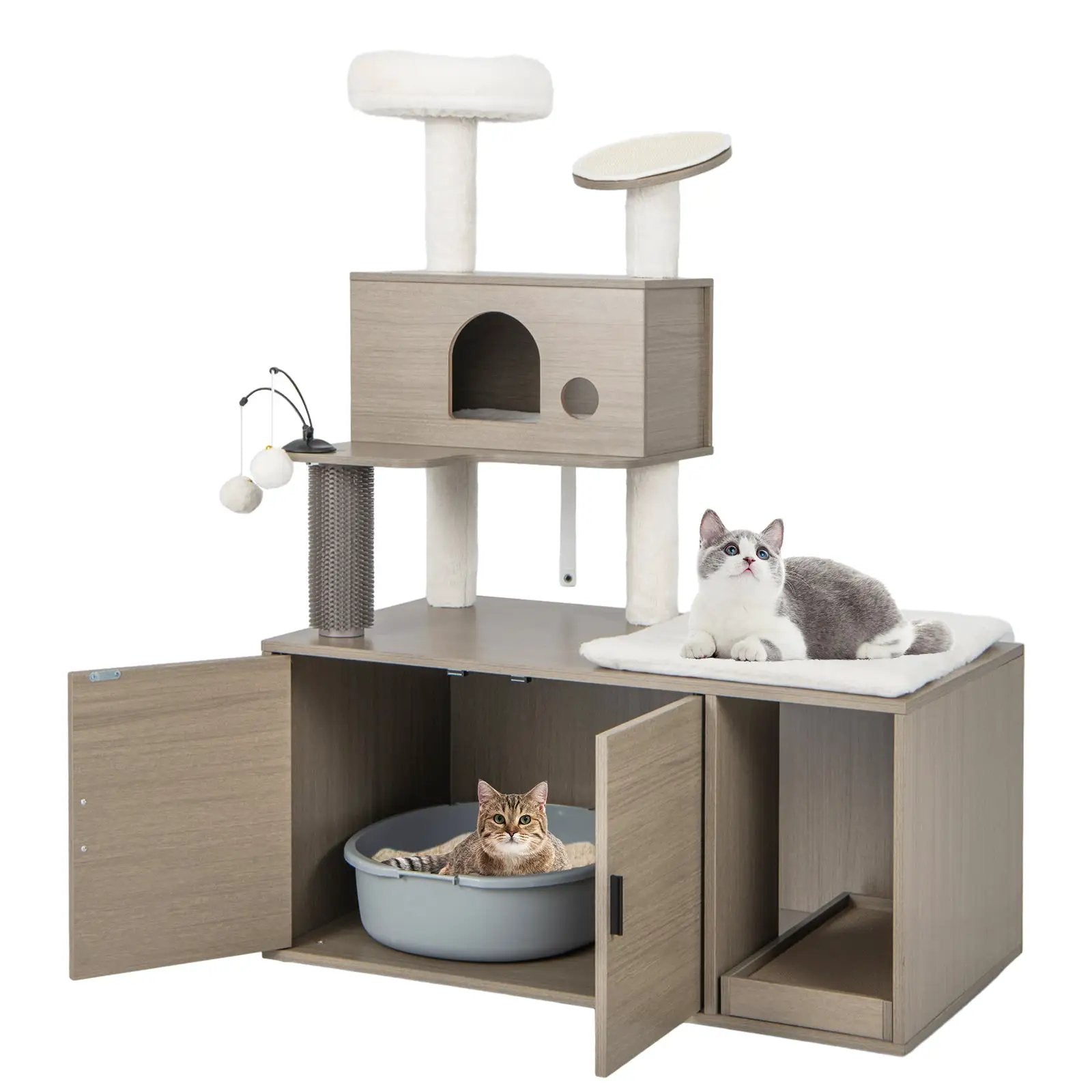 2-in-1 Modern Cat Tower with Litter Box Enclosure for Indoor Cars-Gray by DirectDeals