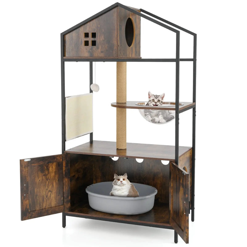 Cat Tree with Litter Box Enclosure Industrial Cat Tower Multi-level Cat Condo Furniture for Indoor Cats-Rustic Brown by DirectDeals