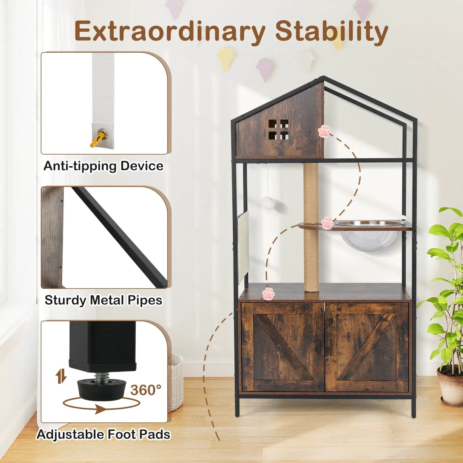 Cat Tree with Litter Box Enclosure Industrial Cat Tower Multi-level Cat Condo Furniture for Indoor Cats-Rustic Brown by DirectDeals