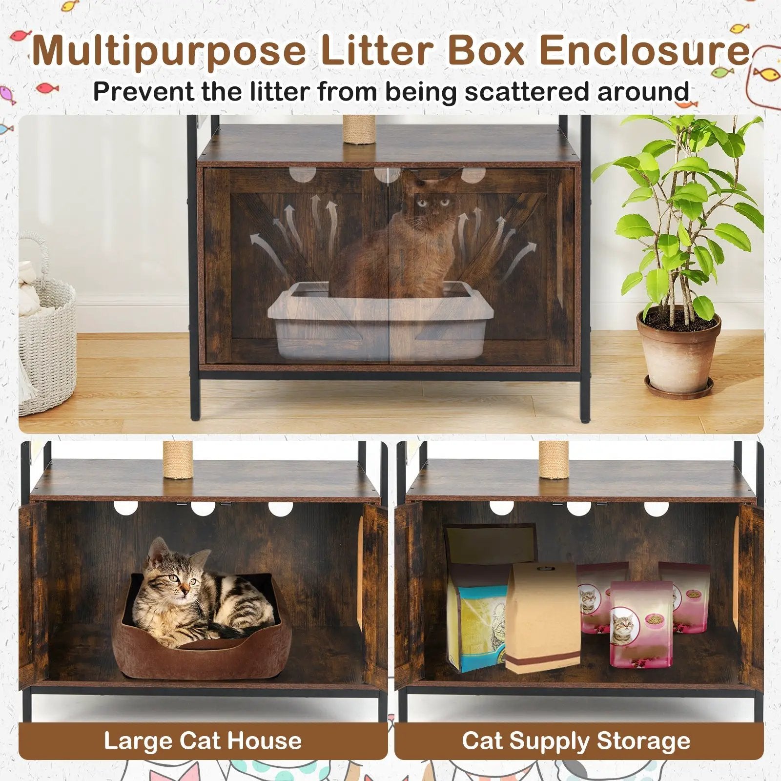 Cat Tree with Litter Box Enclosure Industrial Cat Tower Multi-level Cat Condo Furniture for Indoor Cats-Rustic Brown by DirectDeals