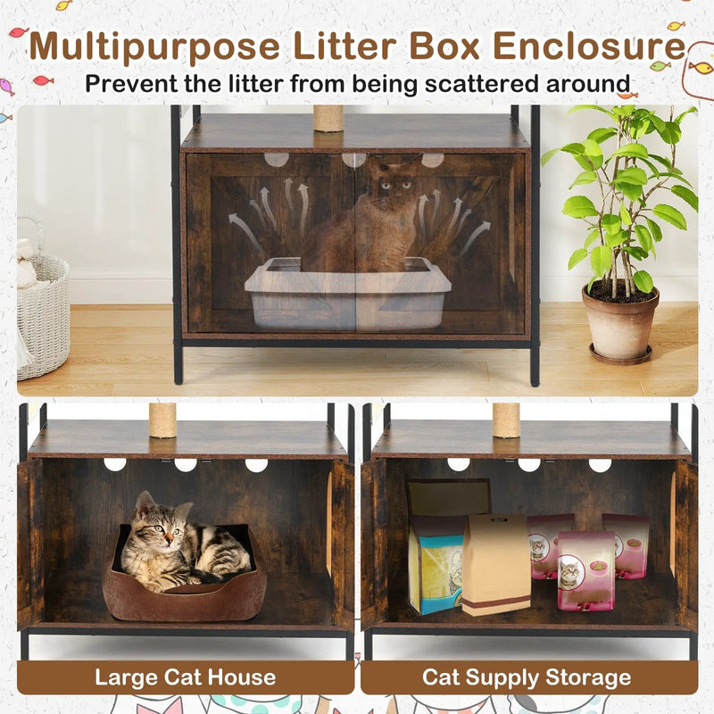 Cat Tree with Litter Box Enclosure Industrial Cat Tower Multi-level Cat Condo Furniture for Indoor Cats-Rustic Brown by DirectDeals