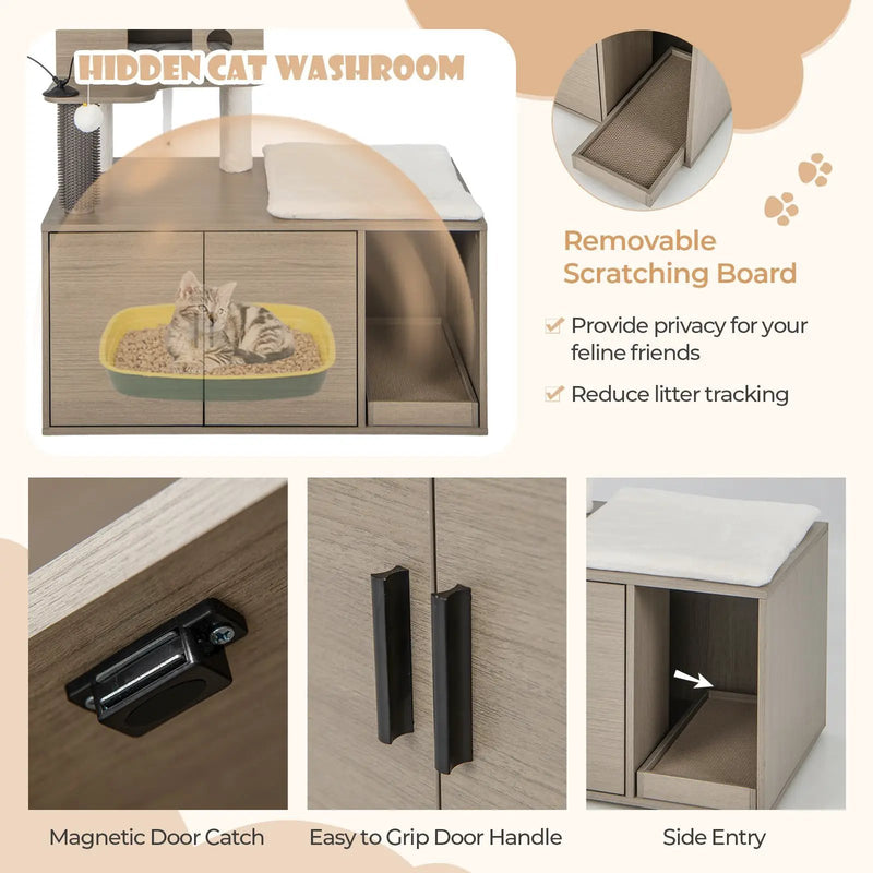 2-in-1 Modern Cat Tower with Litter Box Enclosure for Indoor Cars-Gray by DirectDeals