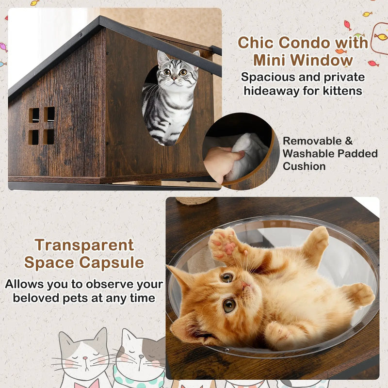 Cat Tree with Litter Box Enclosure Industrial Cat Tower Multi-level Cat Condo Furniture for Indoor Cats-Rustic Brown by DirectDeals