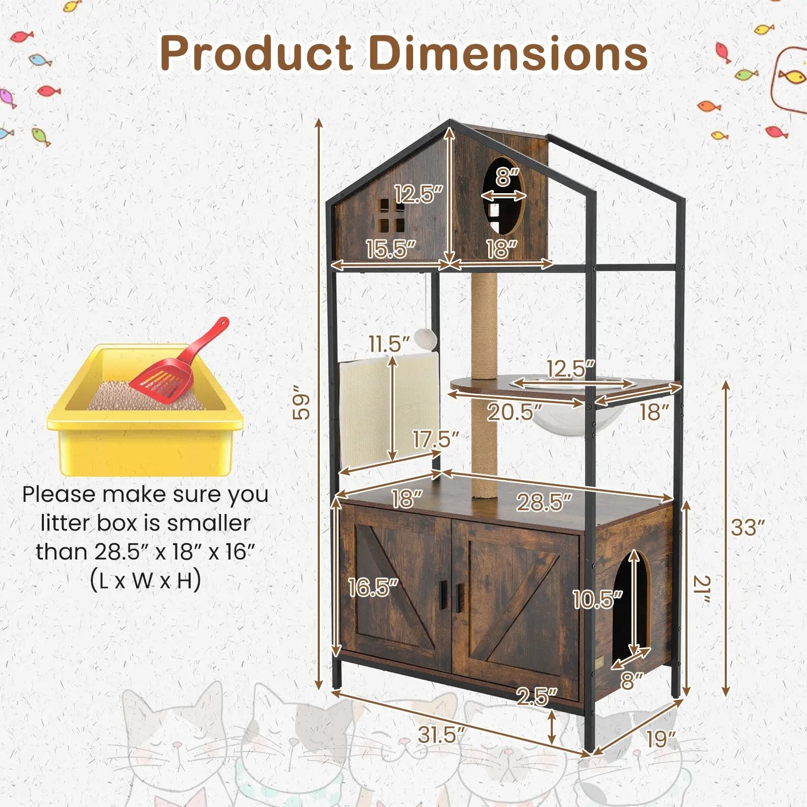 Cat Tree with Litter Box Enclosure Industrial Cat Tower Multi-level Cat Condo Furniture for Indoor Cats-Rustic Brown by DirectDeals