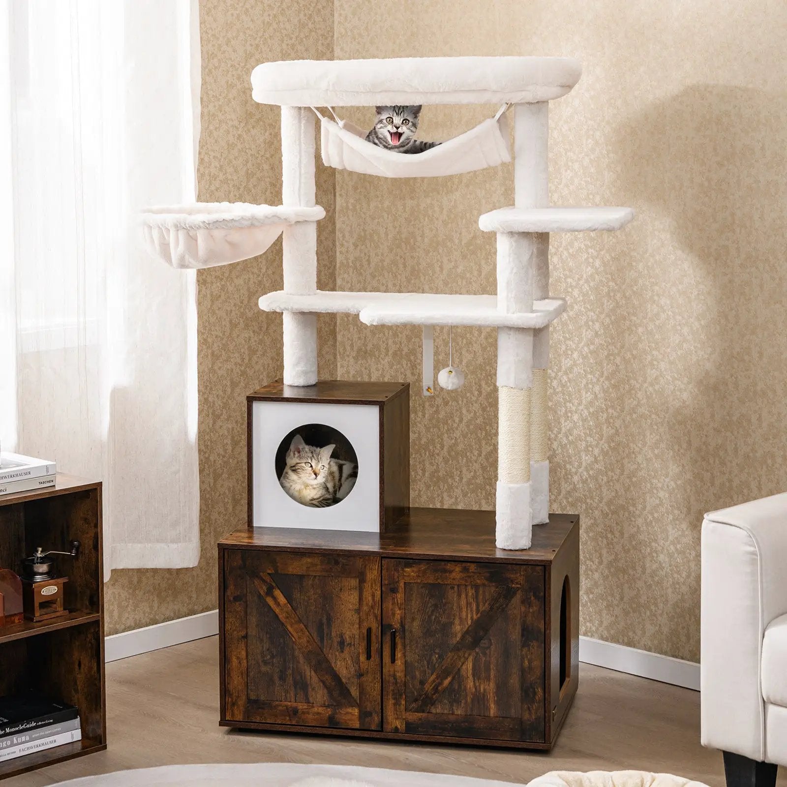 Cat Tree with Litter Box Enclosure for Indoor Cats-Rustic Brown by DirectDeals