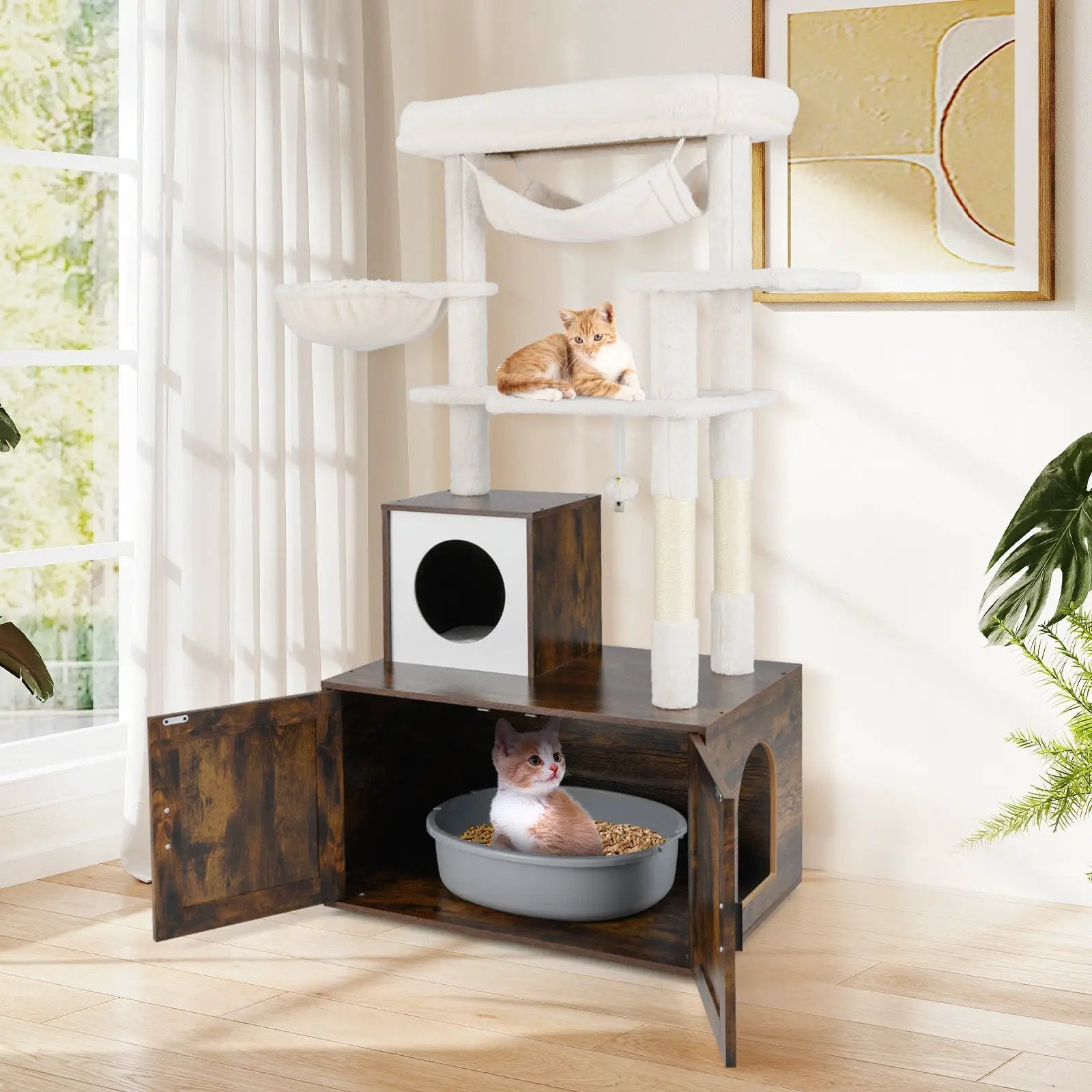 Cat Tree with Litter Box Enclosure for Indoor Cats-Rustic Brown by DirectDeals