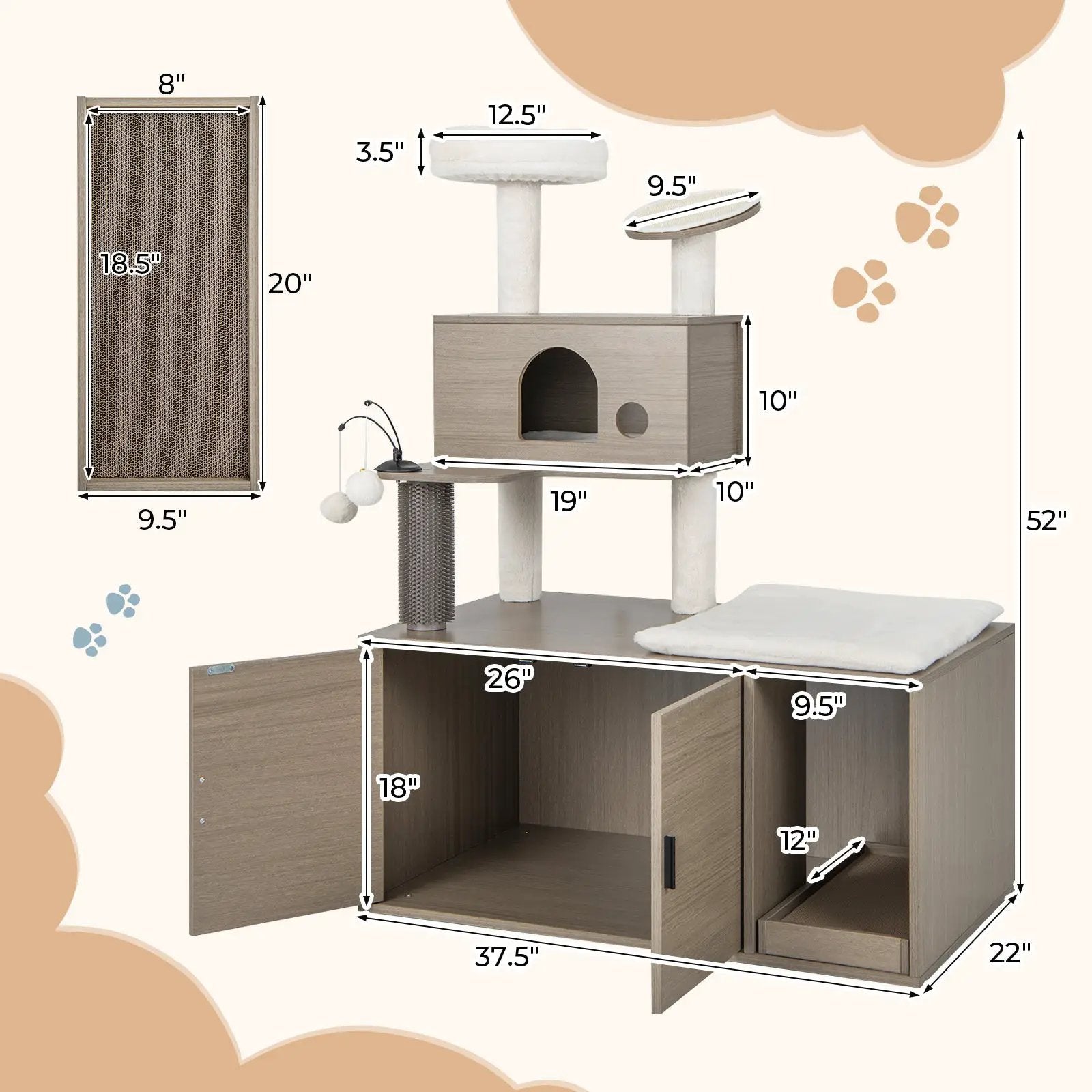 2-in-1 Modern Cat Tower with Litter Box Enclosure for Indoor Cars-Gray by DirectDeals