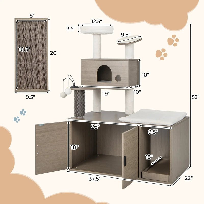 2-in-1 Modern Cat Tower with Litter Box Enclosure for Indoor Cars-Gray by DirectDeals