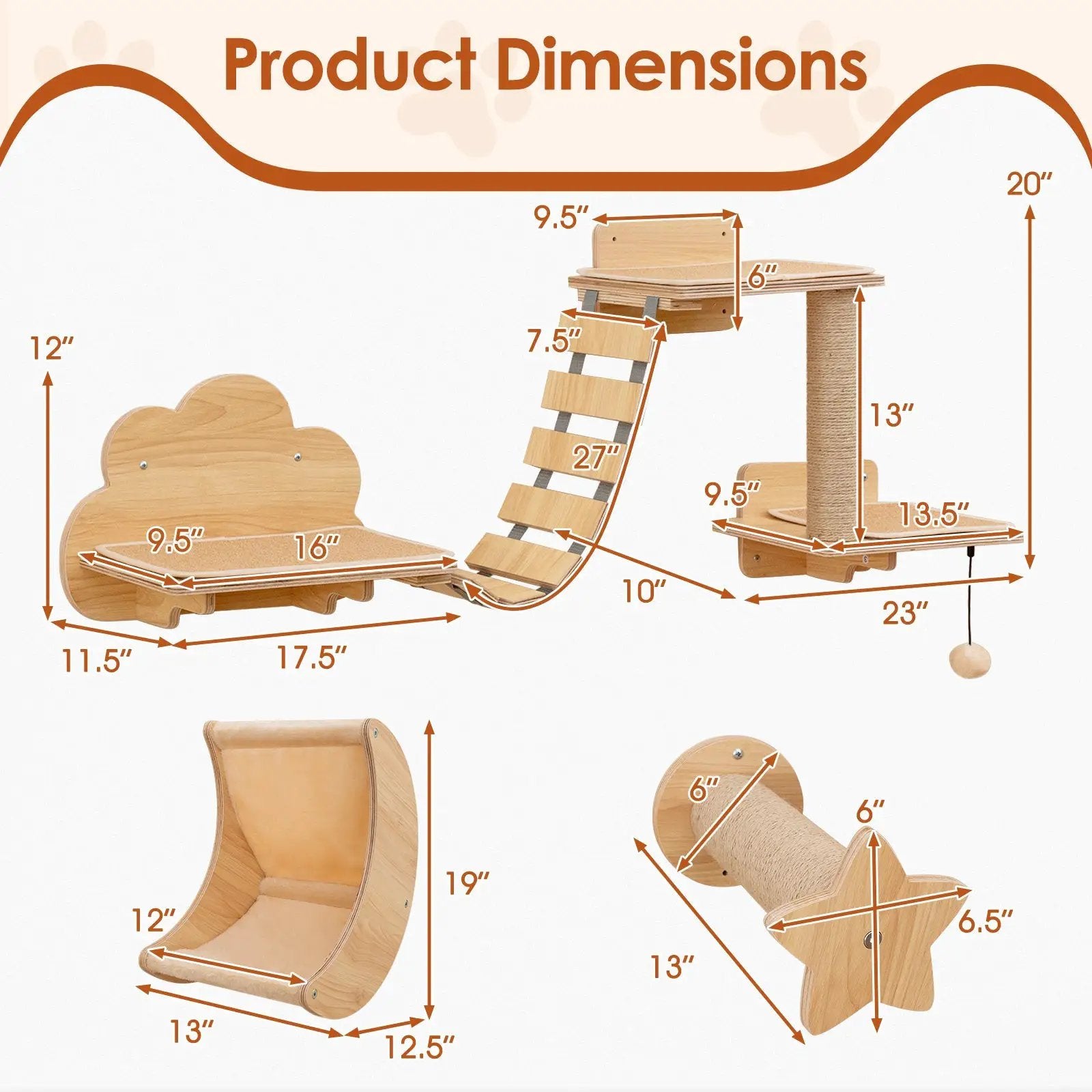 Cat Wall Furniture Set Kitten Wall Mounted Shelves with Hammock-Natural by DirectDeals