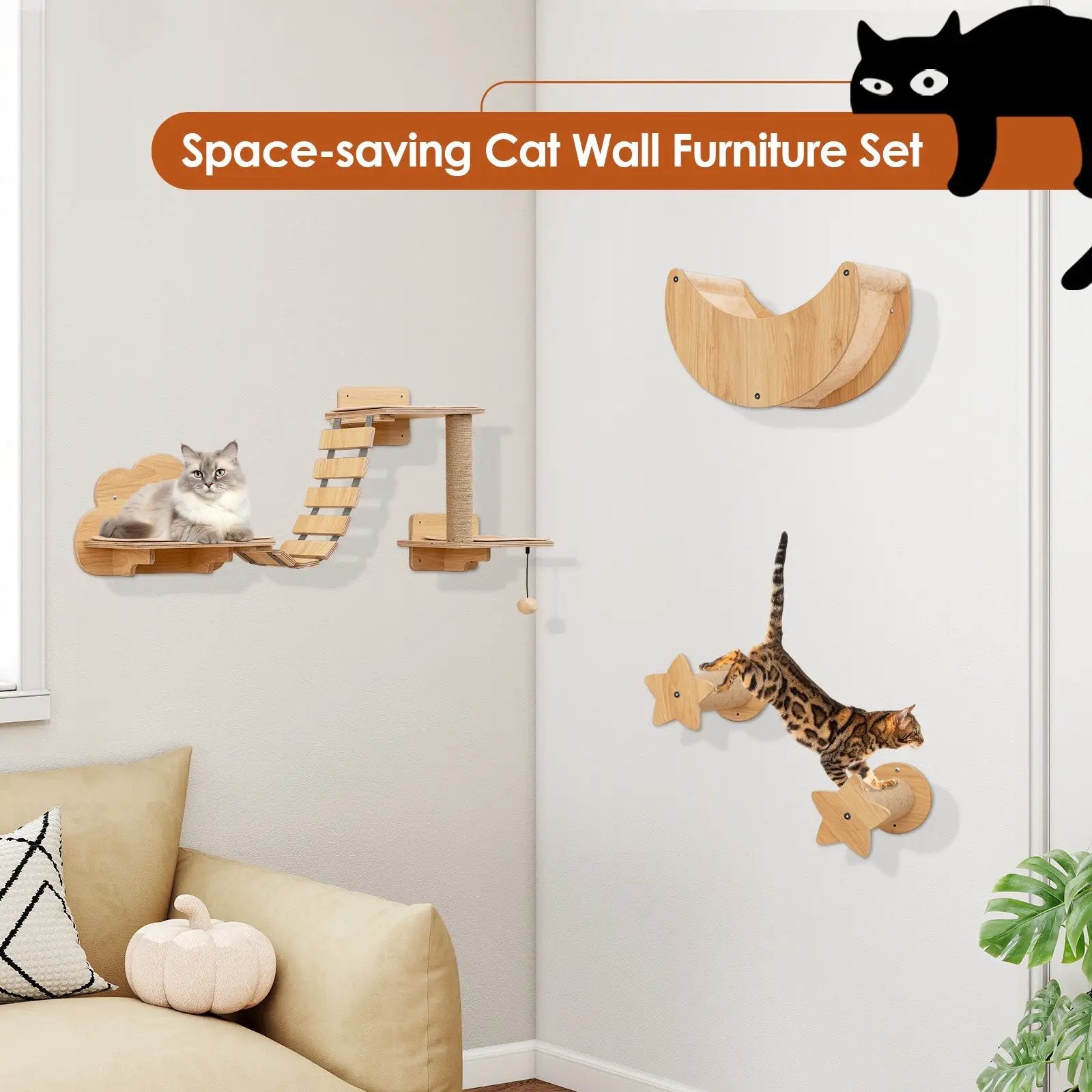 Cat Wall Furniture Set Kitten Wall Mounted Shelves with Hammock-Natural by DirectDeals