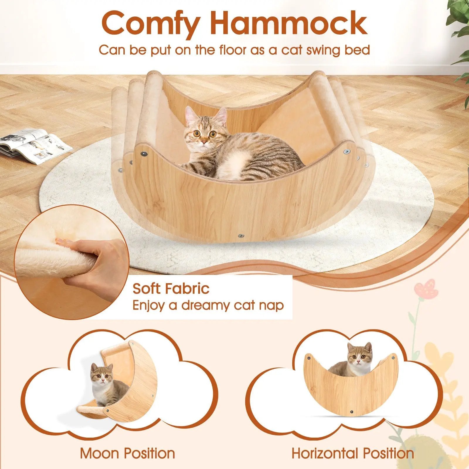 Cat Wall Furniture Set Kitten Wall Mounted Shelves with Hammock-Natural by DirectDeals