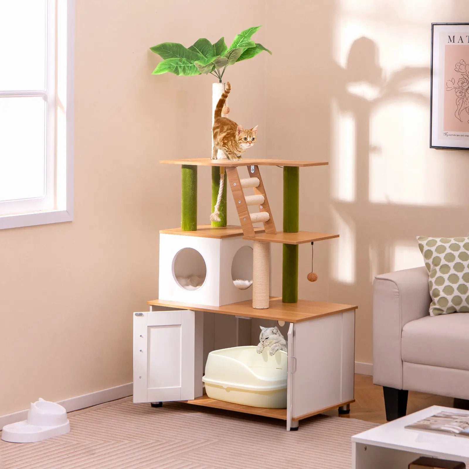 Hidden Cat Washroom with Cat Tower for Indoor Cats-White by DirectDeals