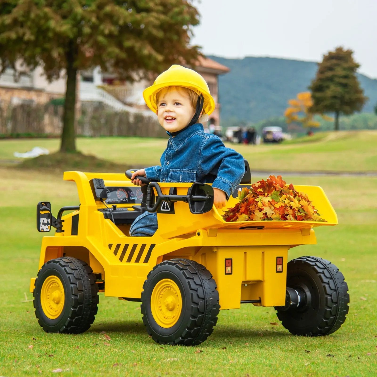 12V Caterpillar Licensed Kids Ride on Dump Truck with Tiltable Bump Bed-Yellow by DirectDeals
