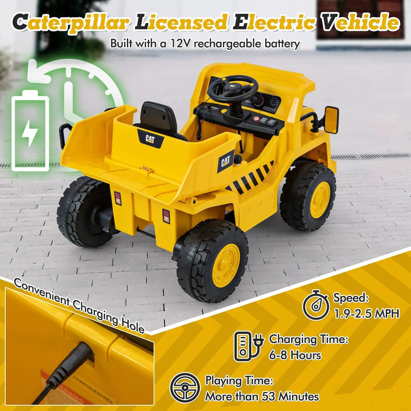 12V Caterpillar Licensed Kids Ride on Dump Truck with Tiltable Bump Bed-Yellow by DirectDeals