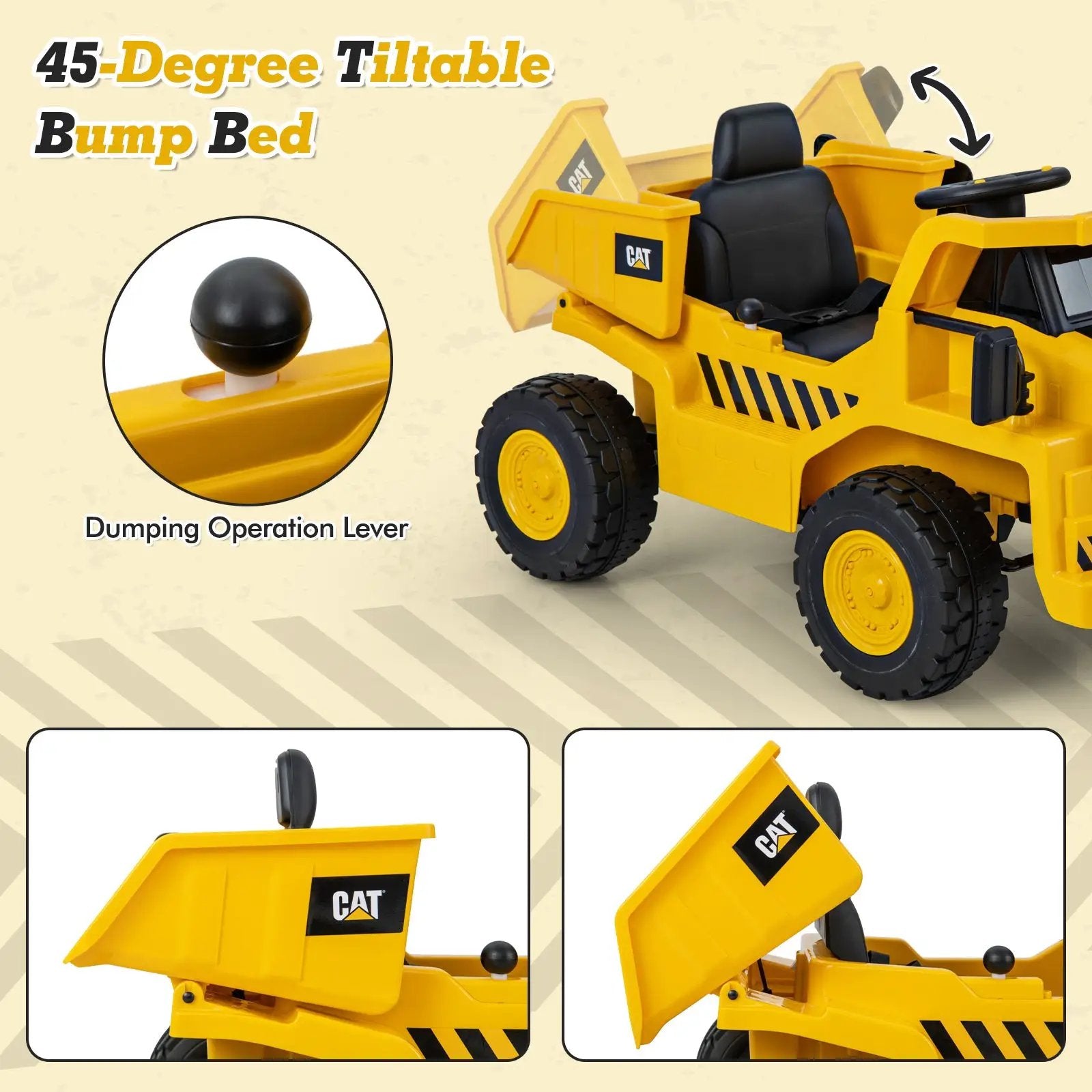 12V Caterpillar Licensed Kids Ride on Dump Truck with Tiltable Bump Bed-Yellow by DirectDeals