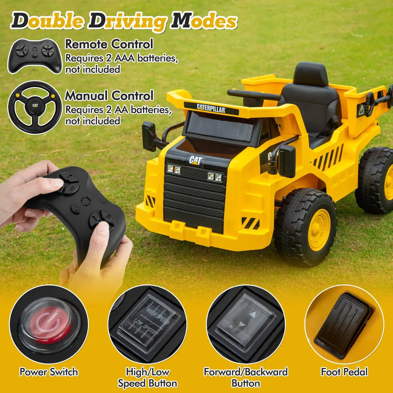12V Caterpillar Licensed Kids Ride on Dump Truck with Tiltable Bump Bed-Yellow by DirectDeals