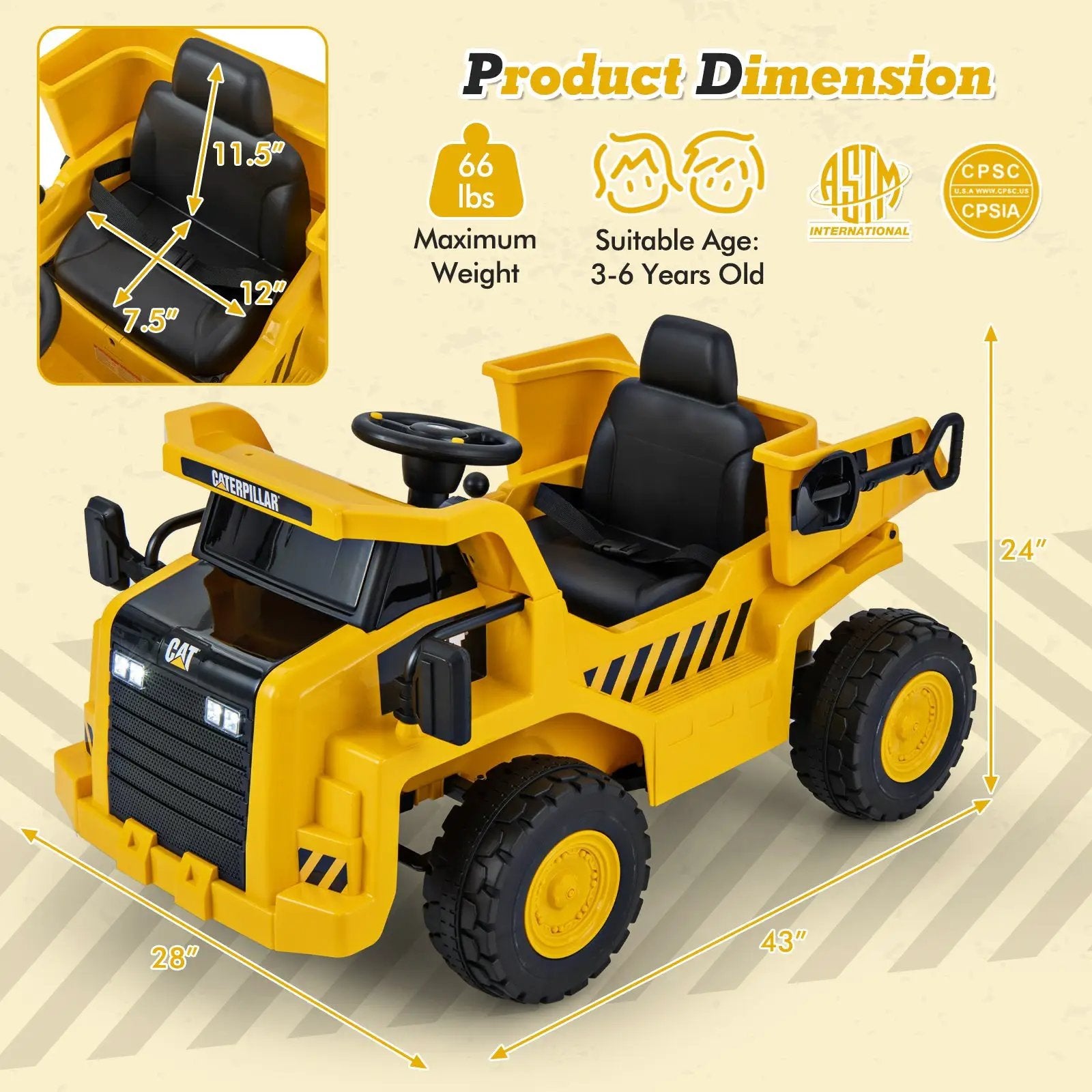 12V Caterpillar Licensed Kids Ride on Dump Truck with Tiltable Bump Bed-Yellow by DirectDeals
