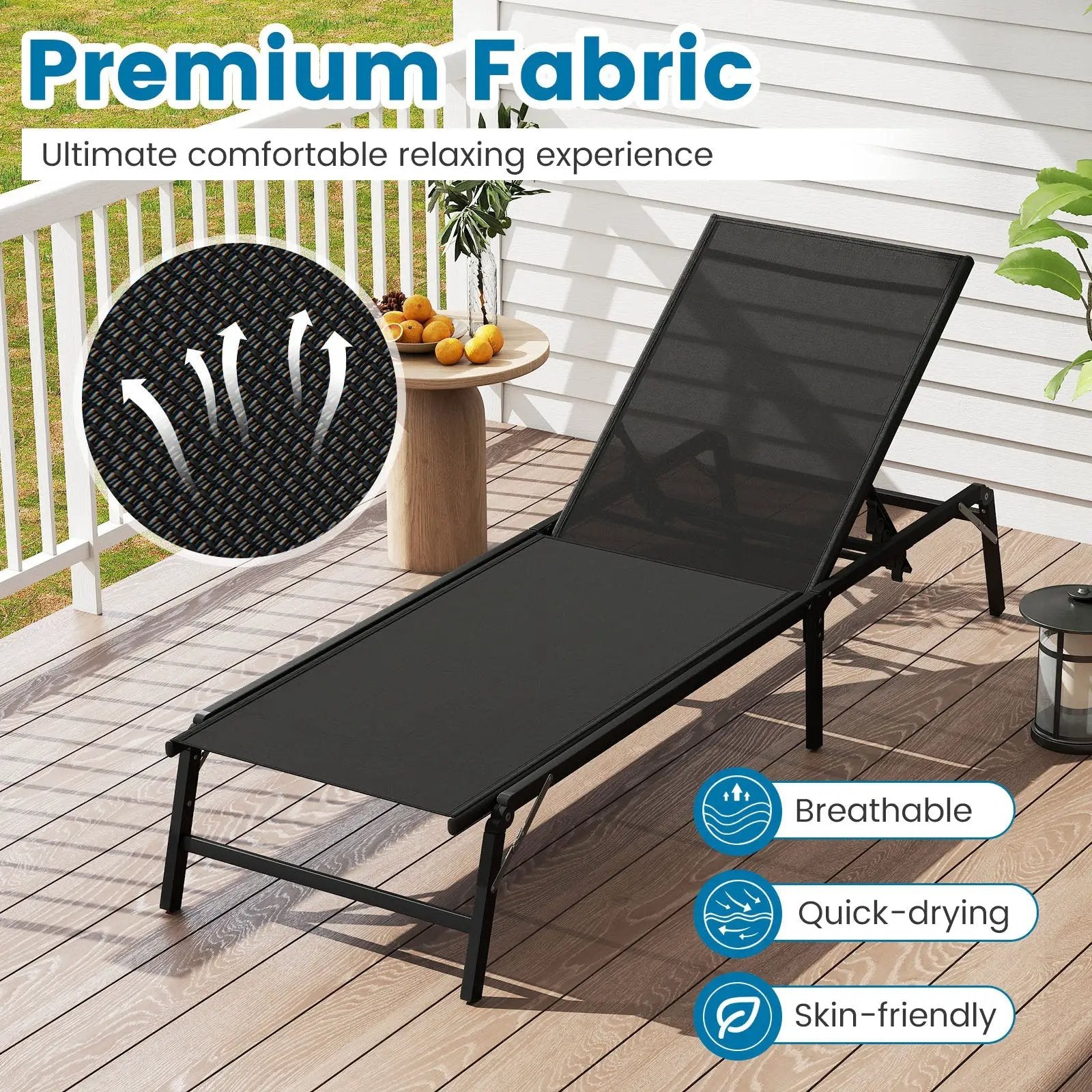 Chaise Lounge Chair Set of 2 Foldable Patio Lounge Chairs-Black by DirectDeals