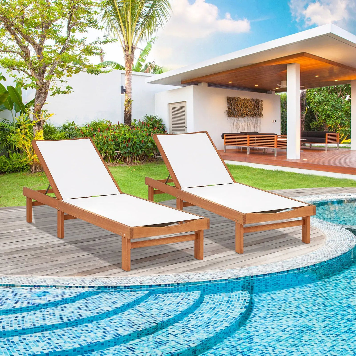 Outdoor Wood Chaise Lounge Chair with 5-Postion Adjustable Back by DirectDeals