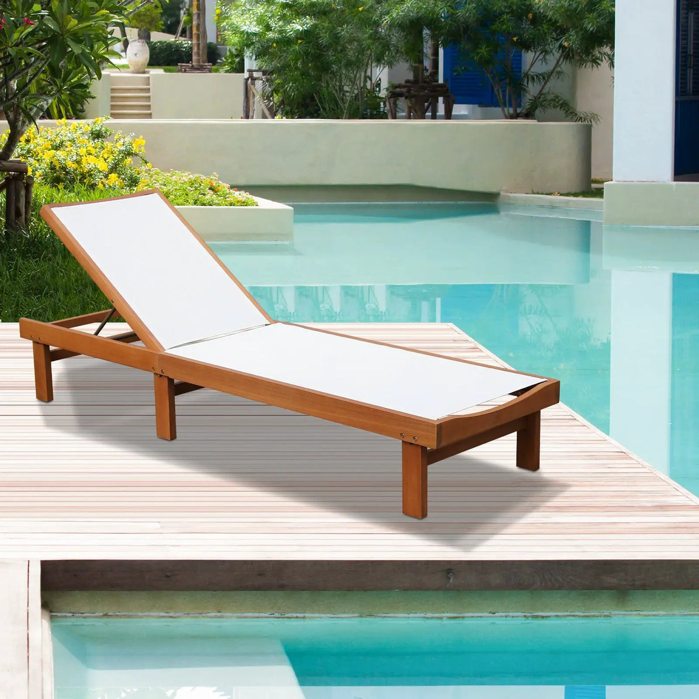 Outdoor Wood Chaise Lounge Chair with 5-Postion Adjustable Back by DirectDeals