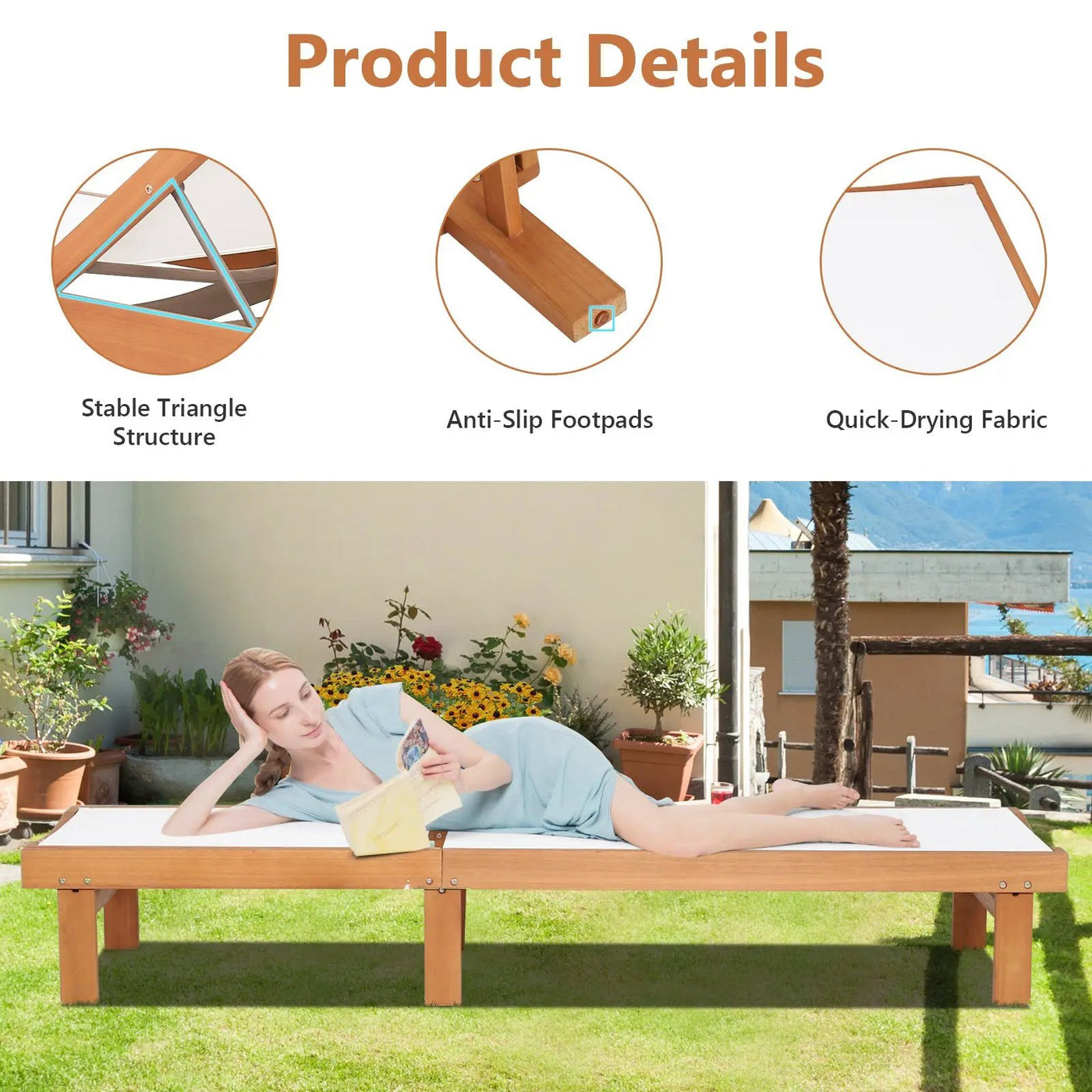 Outdoor Wood Chaise Lounge Chair with 5-Postion Adjustable Back by DirectDeals