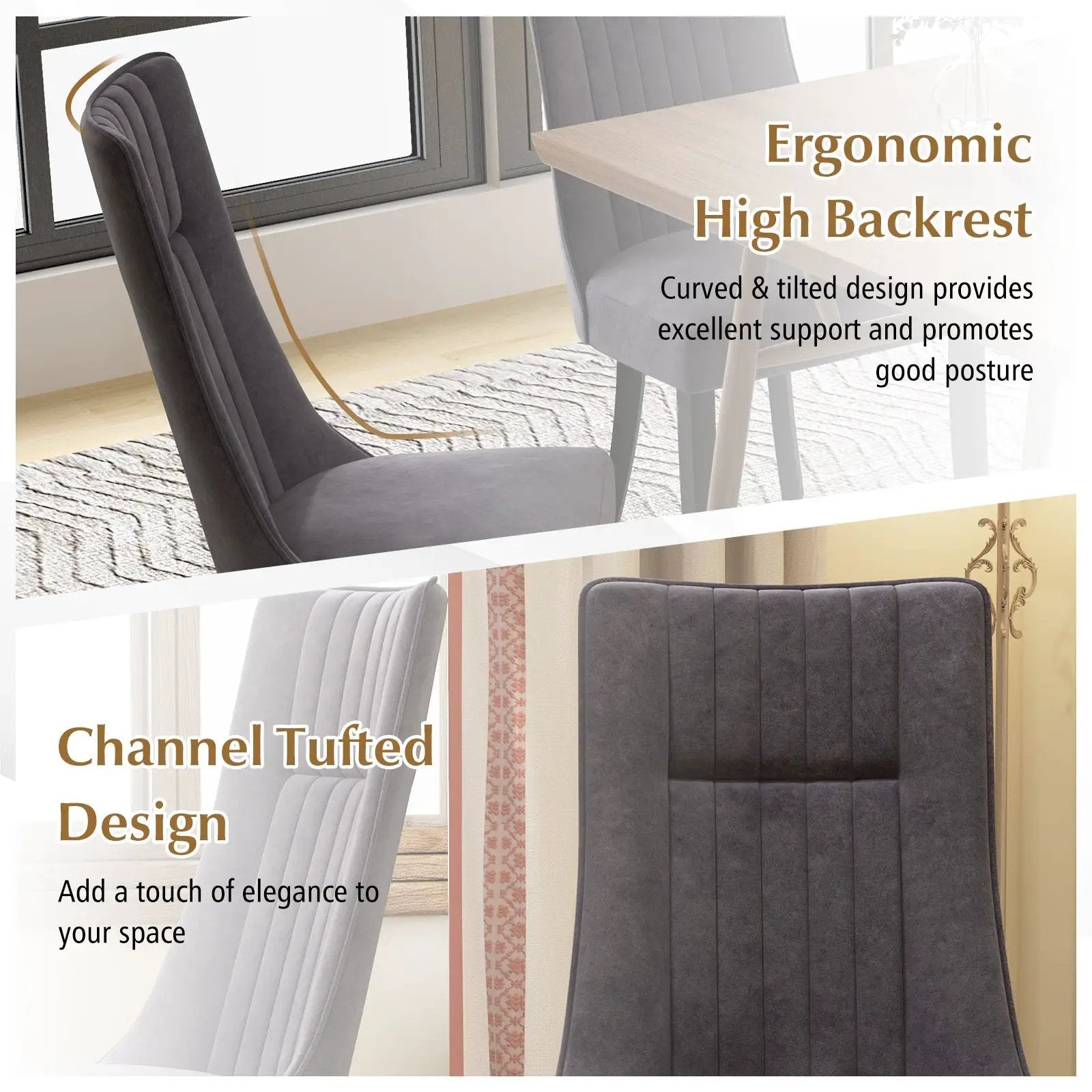 Channel Tufted Dining Chairs Set of 2 Upholstered Kitchen Side Chairs with High Backrest-Gray by DirectDeals