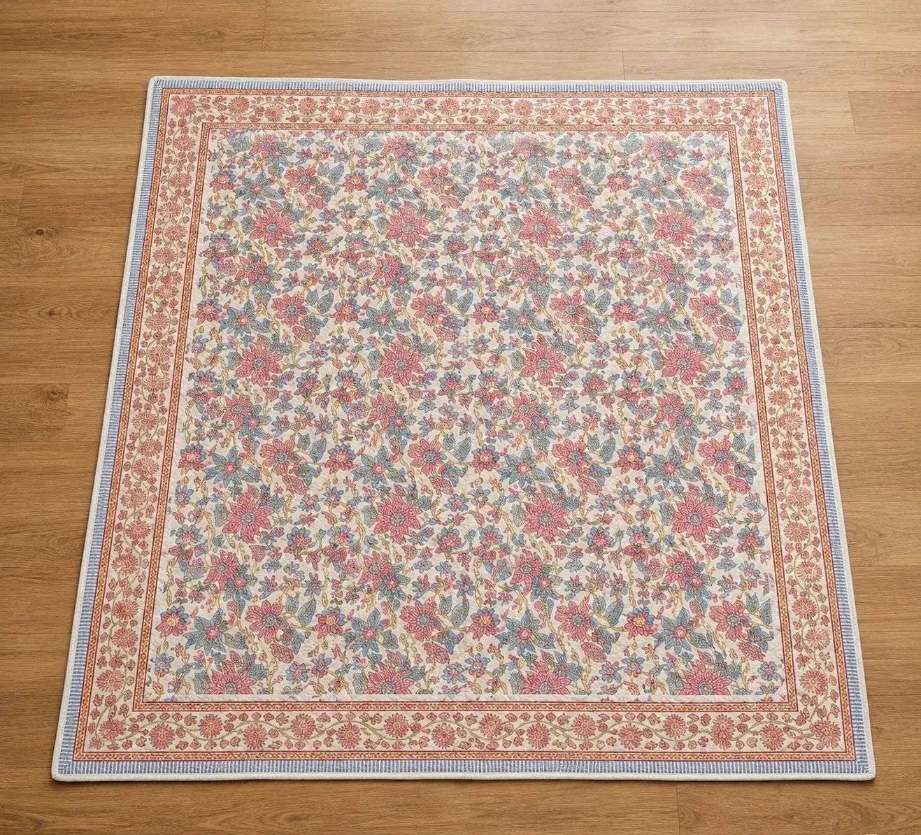 House of Avana Cream & Rose Pink Dusty Blue Floral Jaipur Indian Hand Block Print Quilted Comforter by House Of Avana