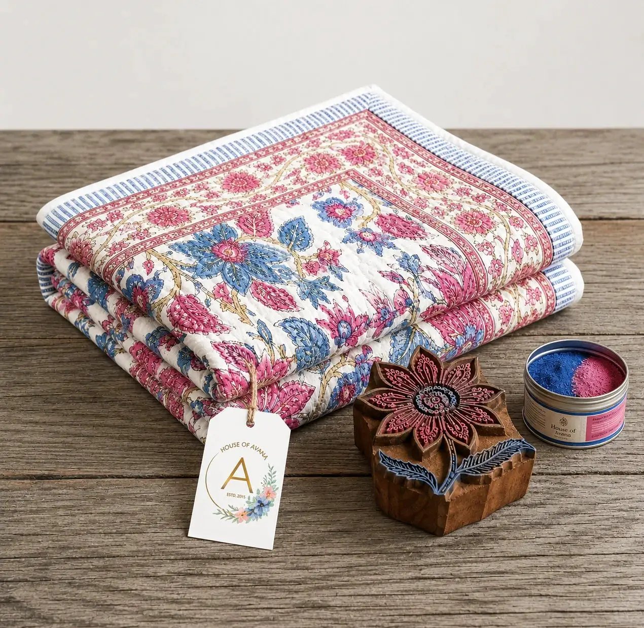 House of Avana Cream & Rose Pink Dusty Blue Floral Jaipur Indian Hand Block Print Quilted Comforter by House Of Avana
