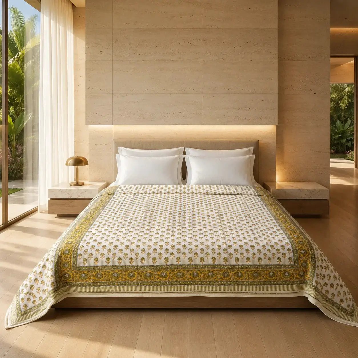 House of Avana Cream & Mustard Yellow Floral Jaipur Indian Hand Block Print Quilted Comforter by House Of Avana