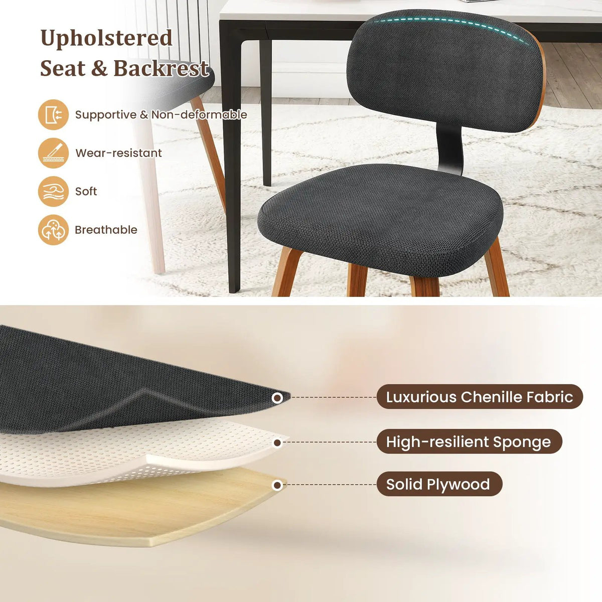 Chenille Fabric Upholstered Wooden Kitchen Chairs Set of 4 by DirectDeals