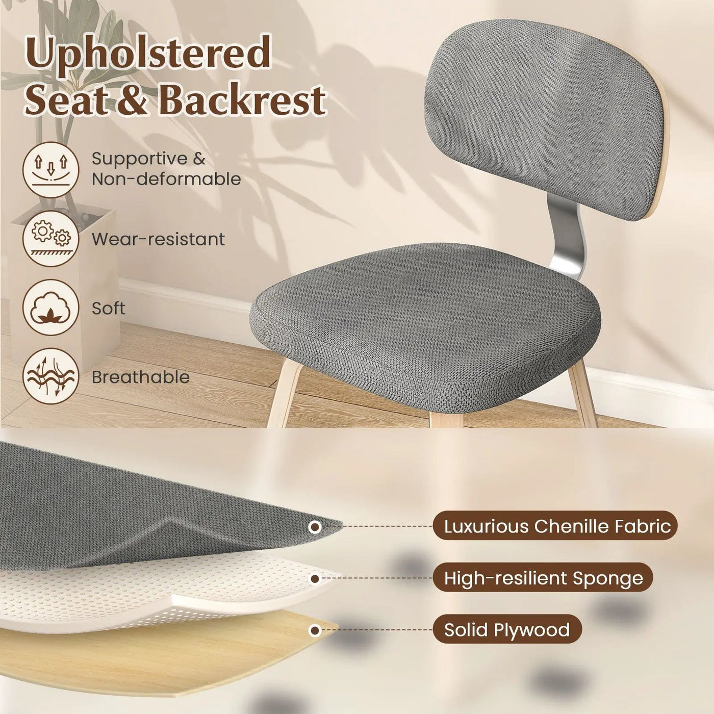 Chenille Fabric Upholstered Wooden Kitchen Chairs Set of 2 by DirectDeals