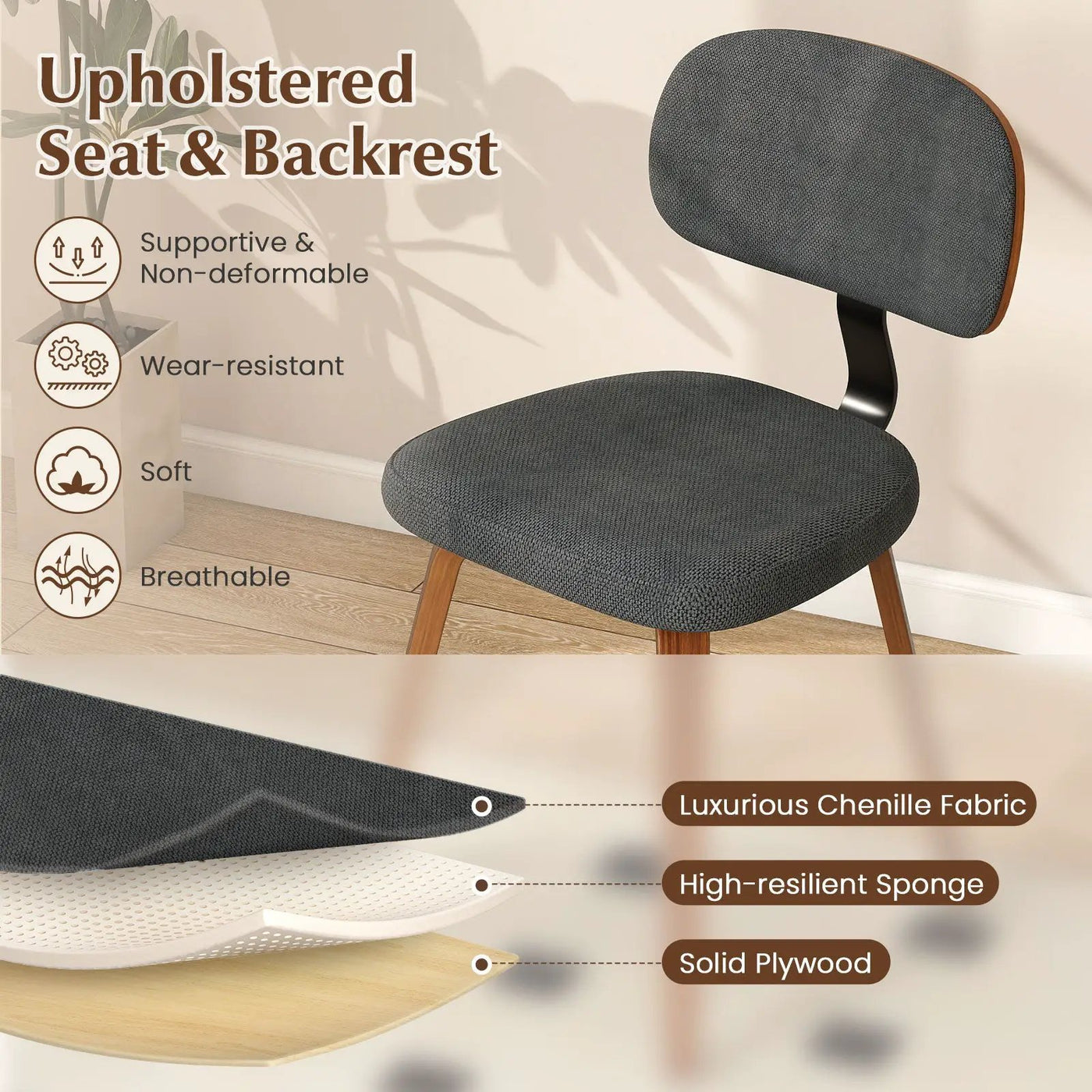Chenille Fabric Upholstered Wooden Kitchen Chairs Set of 2 by DirectDeals