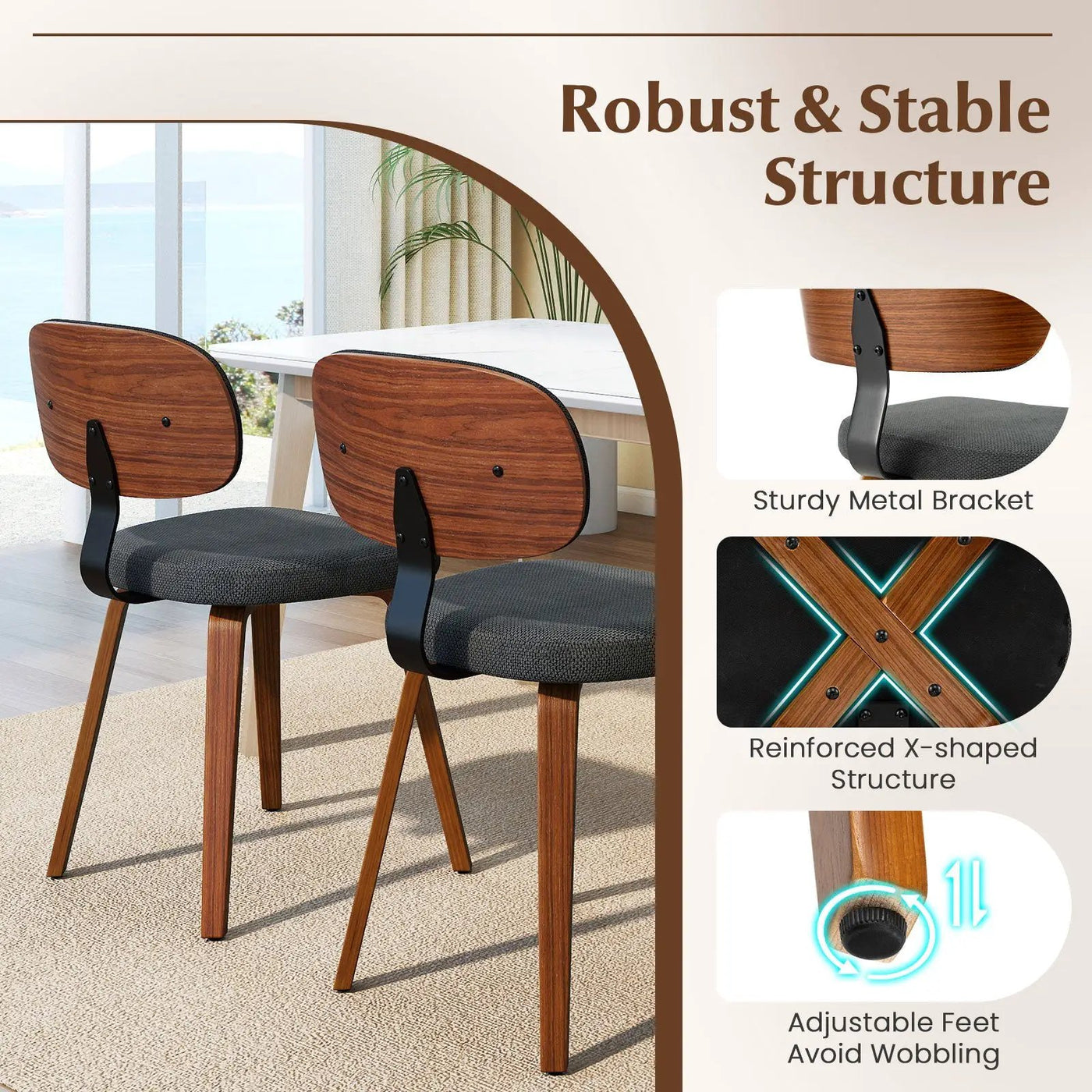 Chenille Fabric Upholstered Wooden Kitchen Chairs Set of 2 by DirectDeals