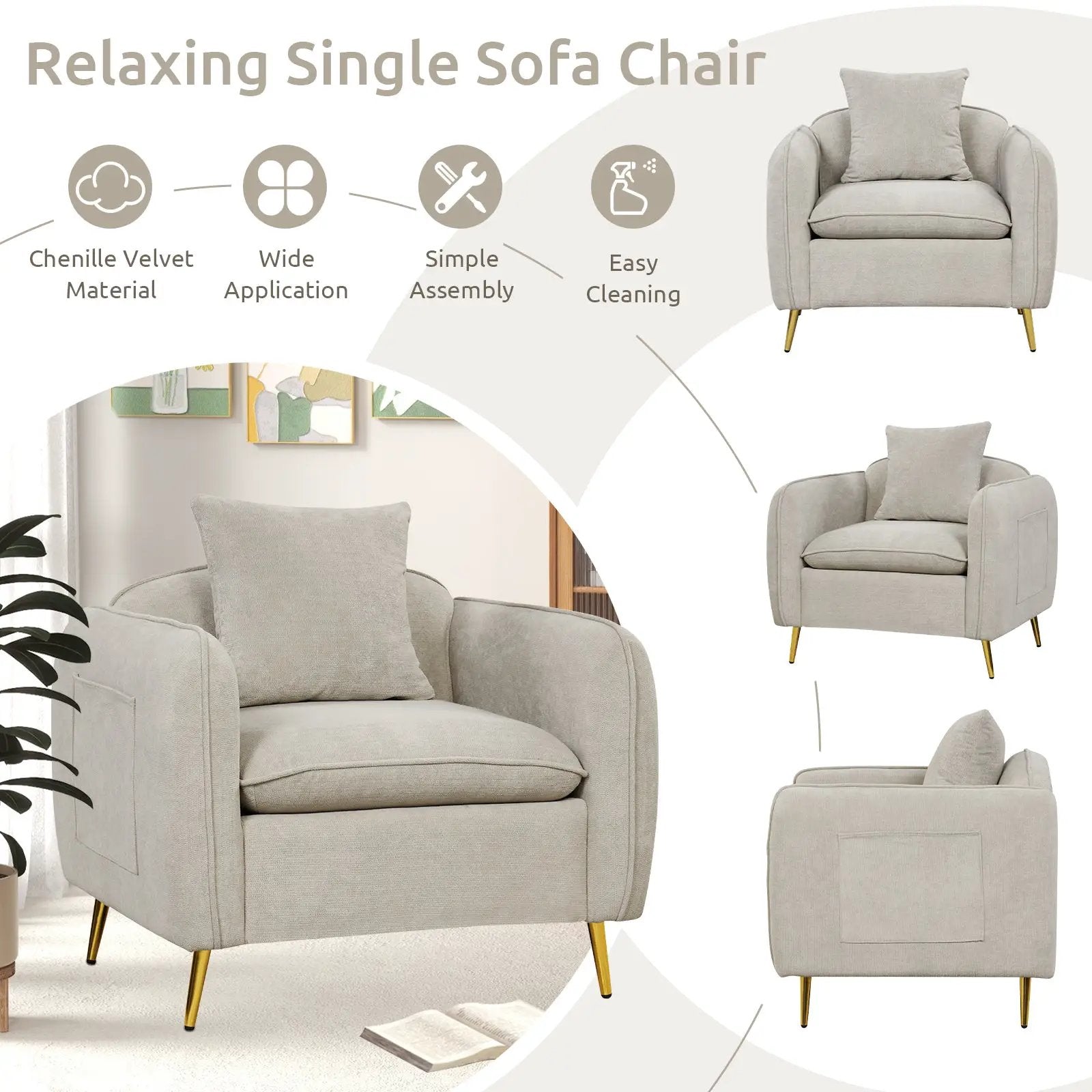 Chenille Velvet Accent Chair with Storage Pockets-White by DirectDeals