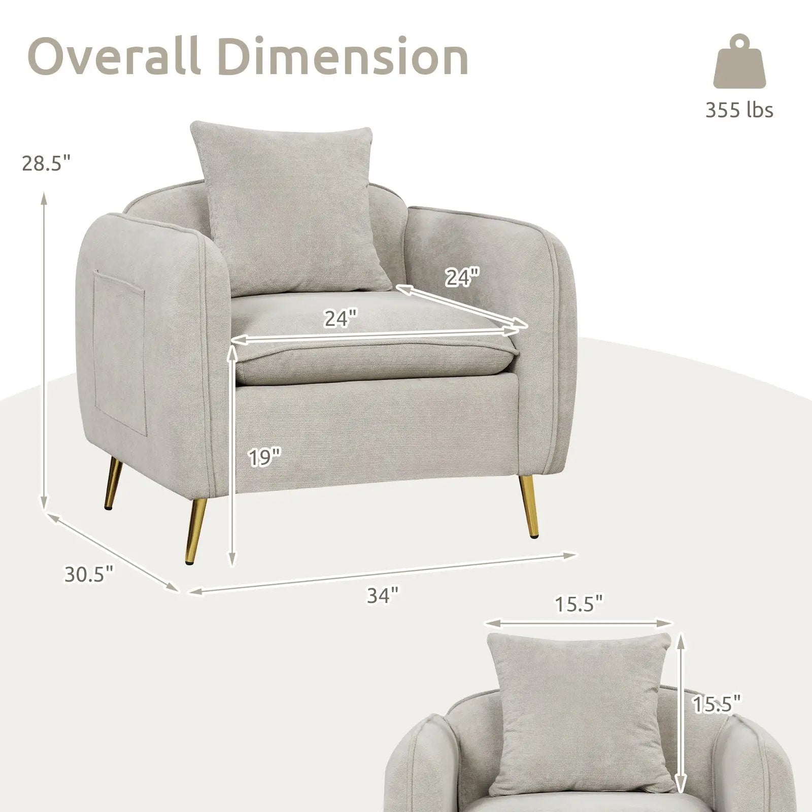 Chenille Velvet Accent Chair with Storage Pockets-White by DirectDeals