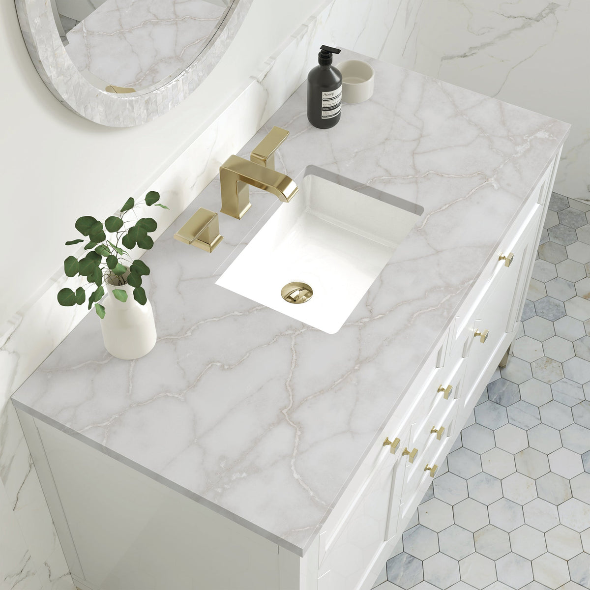 James Martin Chicago 48" Single Bathroom Vanity, Glossy White with Victorian Silver countertop
