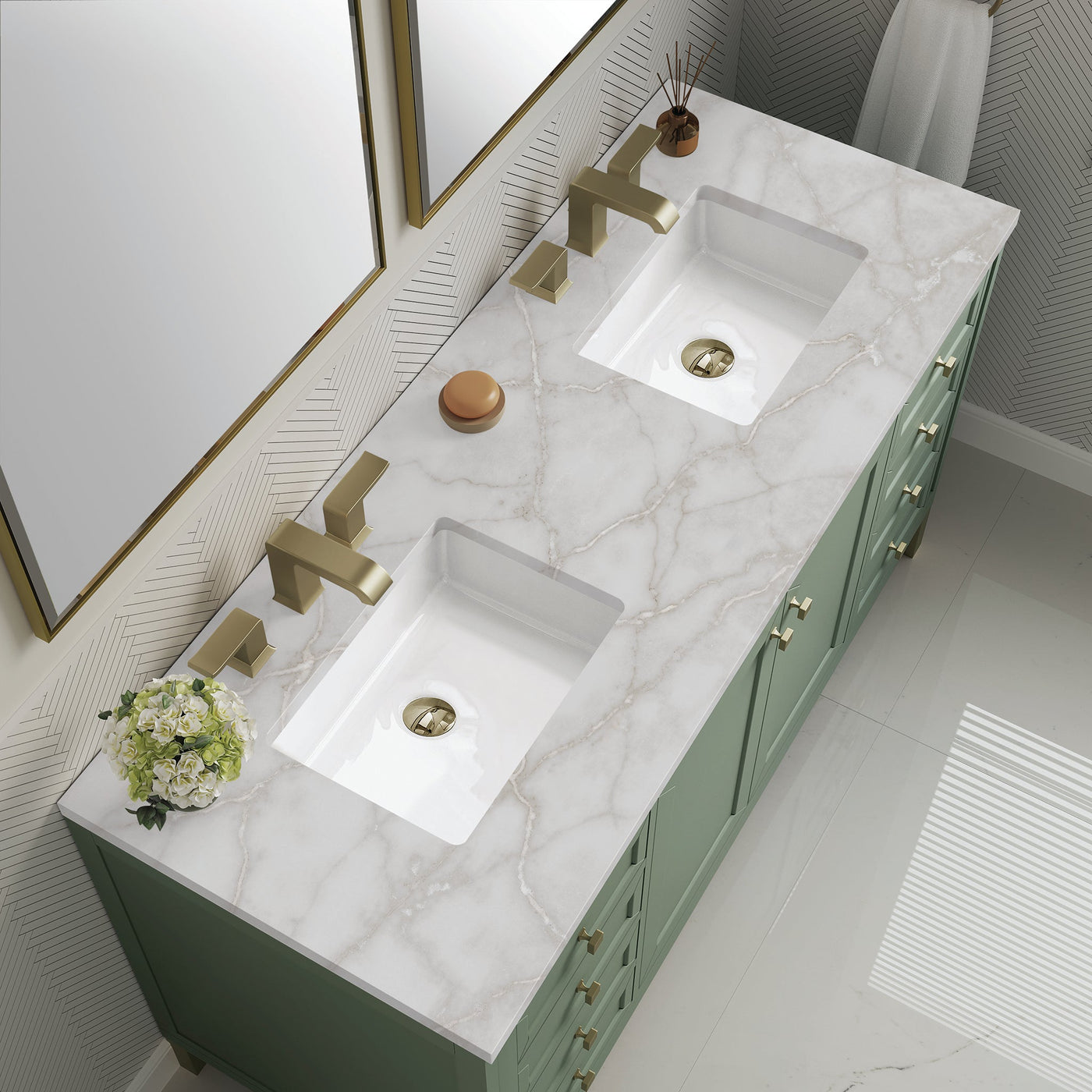 James Martin Chicago 60" Double Bathroom Vanity, Smokey Celadon with Victorian Silver countertop