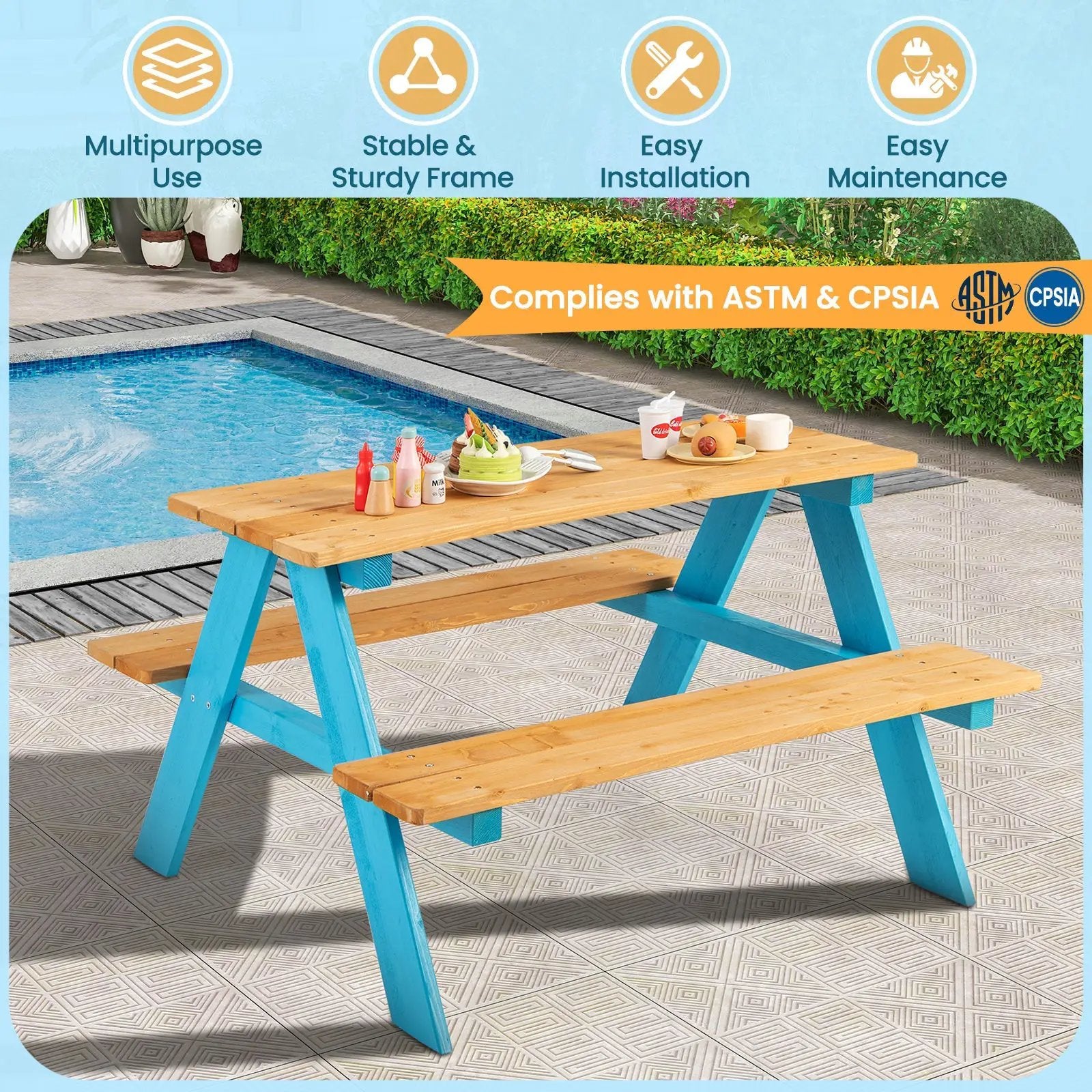 Children Outdoor Wooden Table with Bench Seats for Indoor and Outdoor Use-Natural by DirectDeals