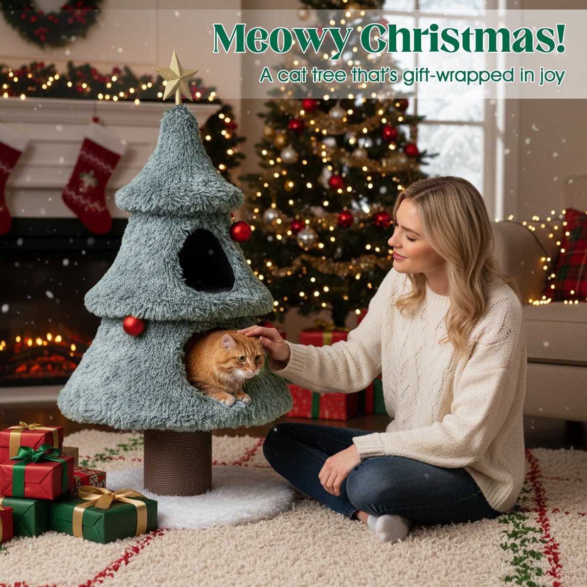 Christmas Cat Tree for Indoor Cats 48.5 inch Cute Cat Tower with 2 Large Condos Scratching Post-Green, photo 2 of 10