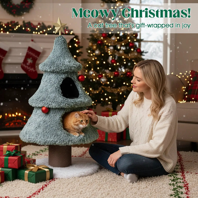Christmas Cat Tree for Indoor Cats 48.5 inch Cute Cat Tower with 2 Large Condos Scratching Post-Green by DirectDeals