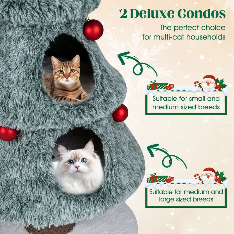 Christmas Cat Tree for Indoor Cats 48.5 inch Cute Cat Tower with 2 Large Condos Scratching Post-Green by DirectDeals