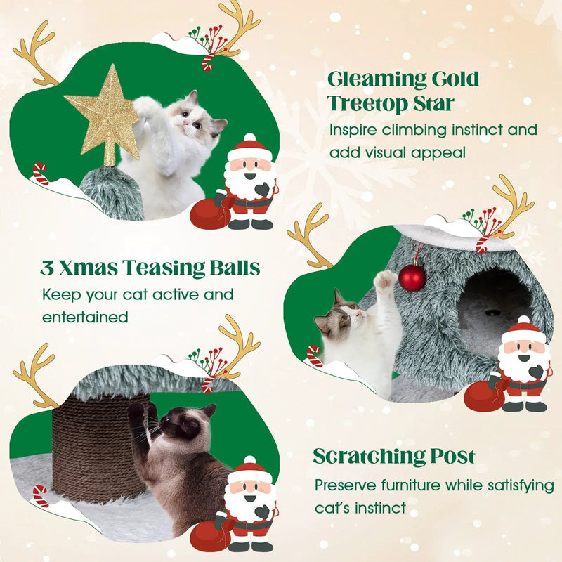 Christmas Cat Tree for Indoor Cats 48.5 inch Cute Cat Tower with 2 Large Condos Scratching Post-Green by DirectDeals