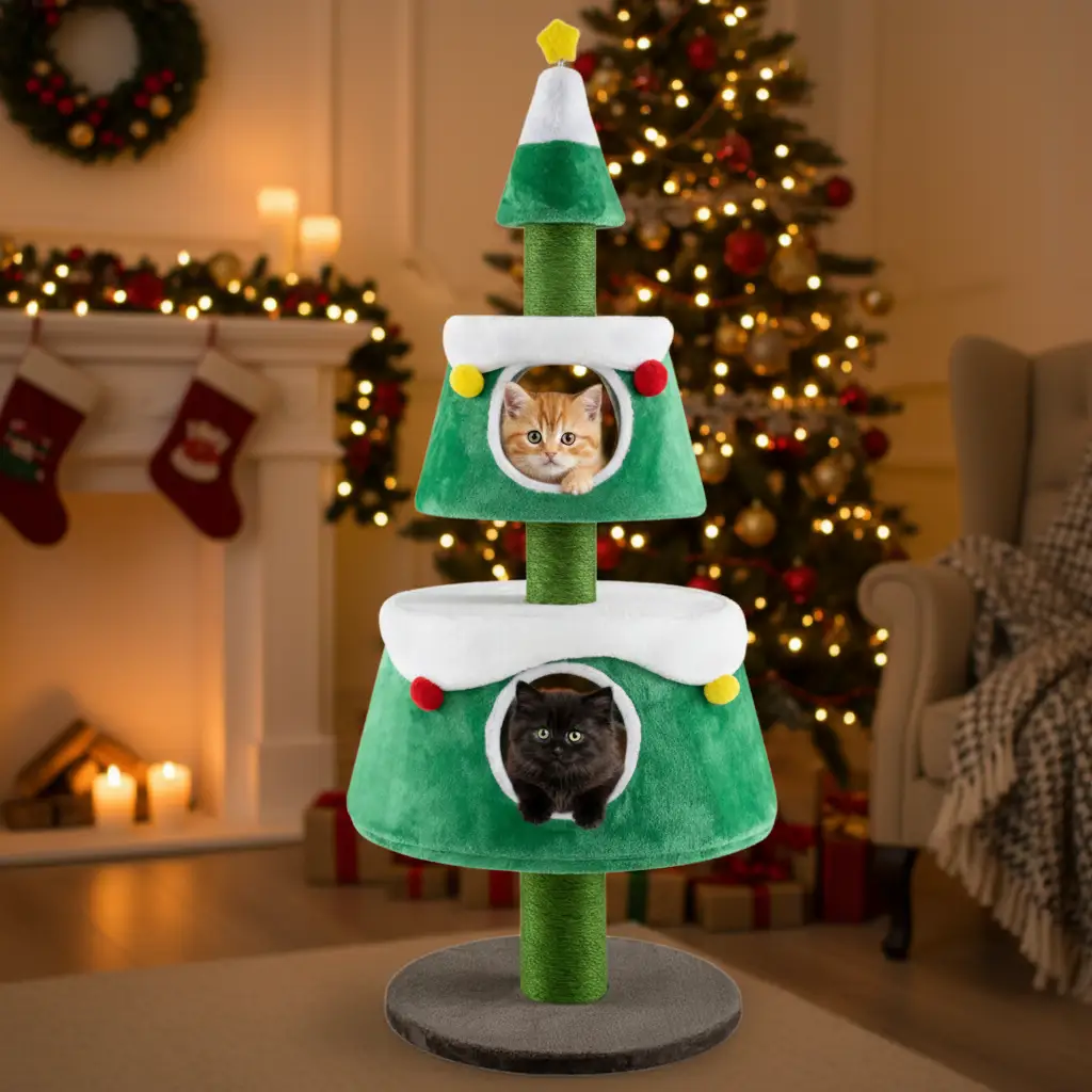 Christmas Cat Tree for Indoor Cats Cute Holiday Cat Tower with 2 Condos-Green by DirectDeals