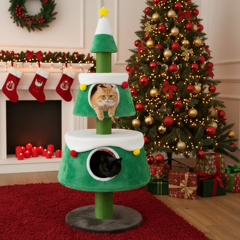 Christmas Cat Tree for Indoor Cats Cute Holiday Cat Tower with 2 Condos-Green by DirectDeals