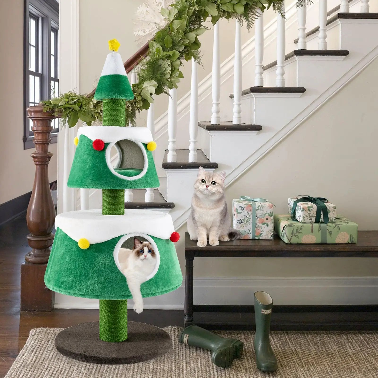 Christmas Cat Tree for Indoor Cats Cute Holiday Cat Tower with 2 Condos-Green by DirectDeals