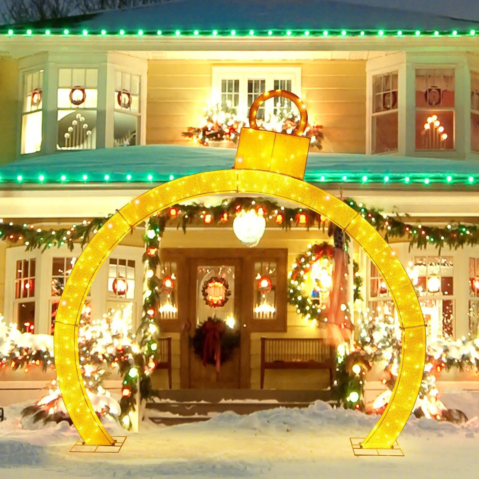 10.5 Feet Christmas Pre-Lit Arch with Gold Ornament Cap and 300 Warm White LED Lights by DirectDeals