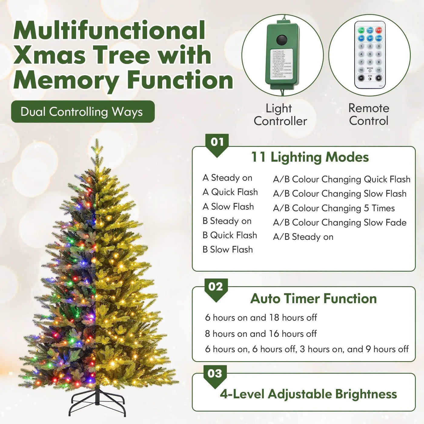 5 Feet Artificial Xmas Tree Hinged with 11 Lighting Modes and Remote Control by DirectDeals