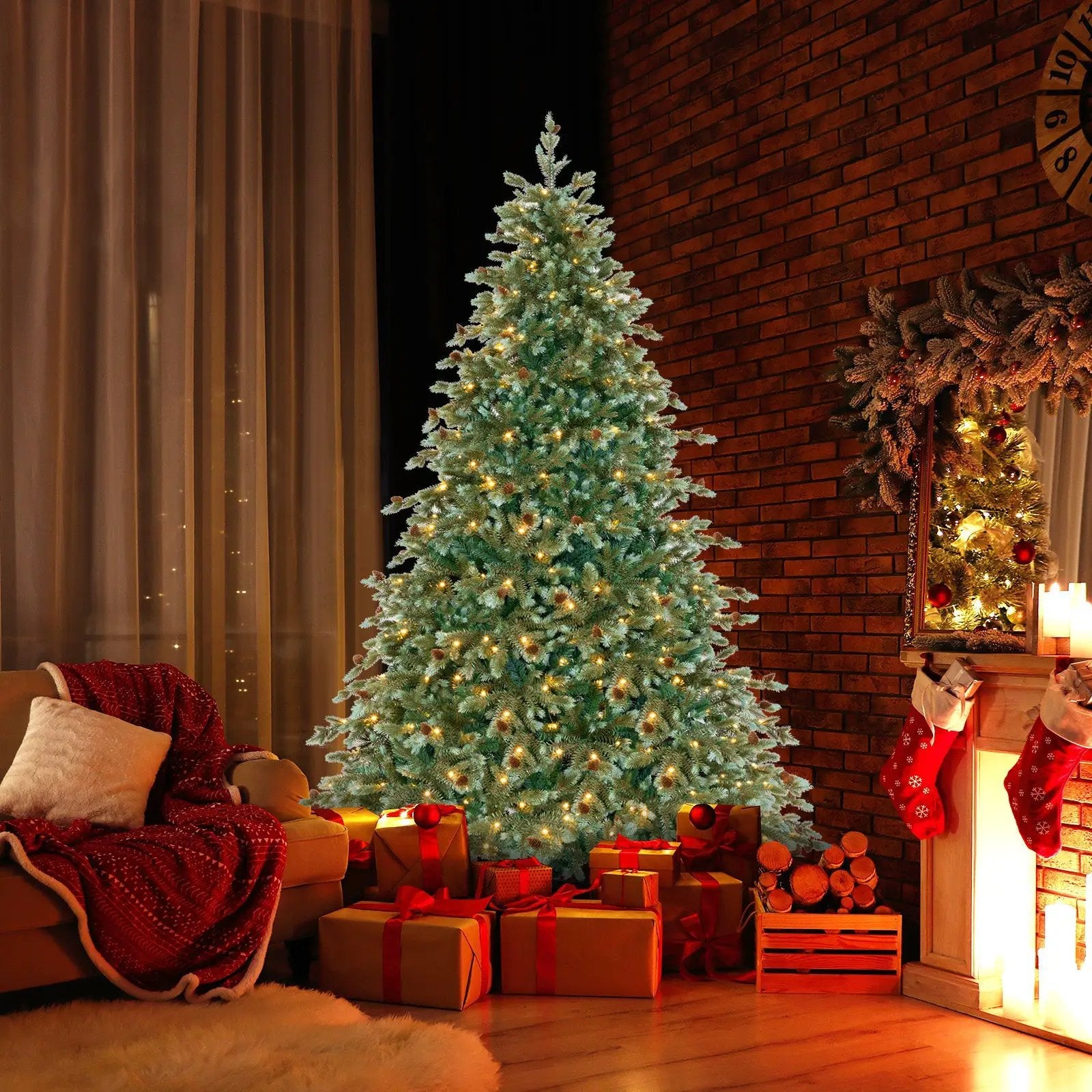 6/7/8 Feet Christmas Tree with Warm White LED Lights and Pine Cones by DirectDeals