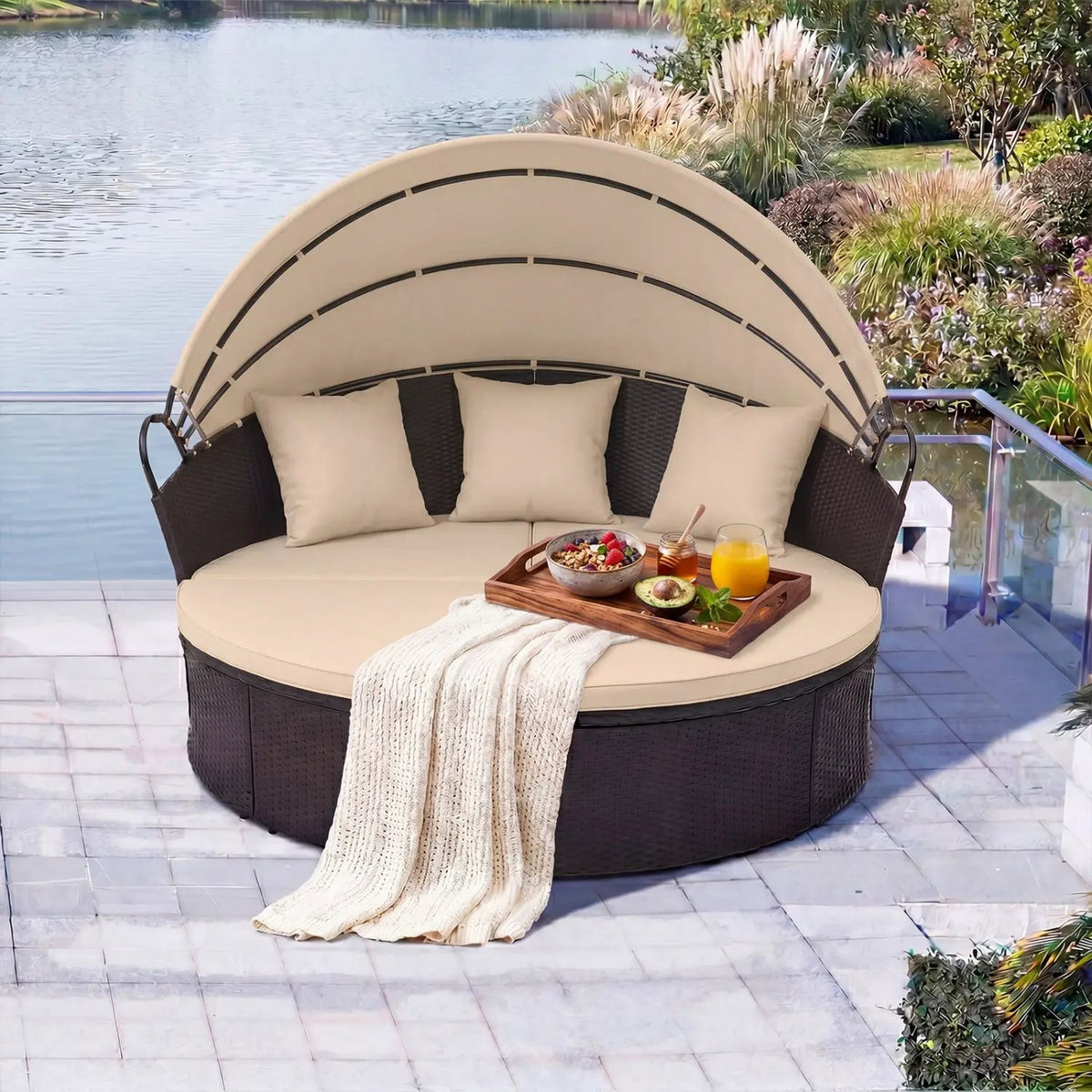 Round Patio Daybed with Retractable Canopy and Cushions by DirectDeals